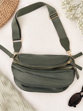 Olive Green Nylon Crossbody Belt Bag Gold Hardware